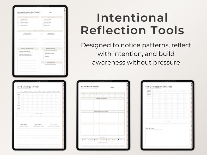 May include: Four digital tablets displaying templates for self-reflection. The tablets show layouts for an Anxiety Regulation Toolkit, Mood & Energy Tracker, Weekly Mood Tracker, and Self-Compassion Challenge. Text on the image reads "Intentional Reflection Tools."