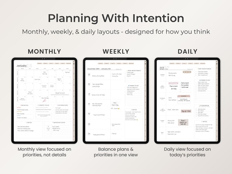 May include: Digital planner with monthly, weekly, and daily layouts. The image shows three tablets displaying different views: monthly calendar, weekly schedule, and daily to-do list. Text on the image reads "Planning With Intention".