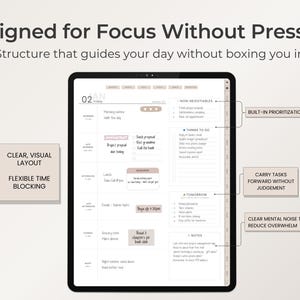 May include: A digital planner on a tablet, designed for focus without pressure. It has a clear, visual layout with flexible time blocking. Features include built-in prioritisation and the ability to carry tasks forward without judgement.
