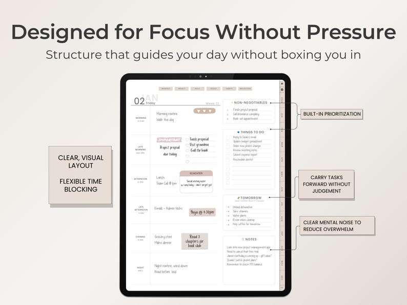 May include: A digital planner on a tablet, designed for focus without pressure. It has a clear, visual layout with flexible time blocking. Features include built-in prioritisation and the ability to carry tasks forward without judgement.
