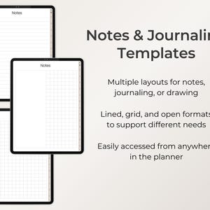 May include: Digital templates for notes and journaling are shown. The image displays three tablets with lined and grid paper layouts. Text on the image reads "Notes & Journaling Templates" and describes the layouts.