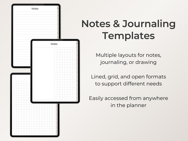 May include: Digital templates for notes and journaling are shown. The image displays three tablets with lined and grid paper layouts. Text on the image reads "Notes & Journaling Templates" and describes the layouts.
