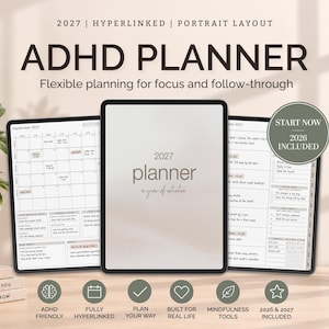 Puede incluir: Un planificador digital TDAH para 2027 con diseño vertical, que incluye páginas con hipervínculos, vista de calendario mensual y listas de tareas. La interfaz muestra el texto 2027 planner, a year of intention y una insignia con start now 2026 included.