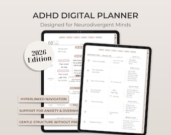 Cyfrowy planer ADHD na rok 2026 na iPada | Hiperłącze PDF, GoodNotes