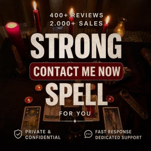 Może przedstawiać: Ciemna scena z zapalonymi czerwonymi świecami, kartami tarota i kryształową kulą. Tekst głosi: 400+ REVIEWS, 2.000+ SALES, STRONG CONTACT ME NOW SPELL FOR YOU, PRIVATE & CONFIDENTIAL, FAST RESPONSE DEDICATED SUPPORT.
