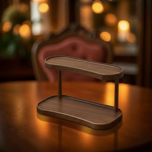 Puede incluir: Una bandeja de servicio de madera de dos niveles con un acabado marrón oscuro. La bandeja tiene forma rectangular con bordes redondeados y está sostenida por cuatro postes verticales. Diseñada para sostener y exhibir artículos.