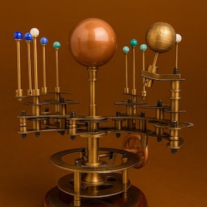 May include: A detailed brass and wood orrery model of the solar system. The model features a large copper-colored sun, planets with colored spheres, and a globe. The orrery sits on a wooden base with gears and intricate details.
