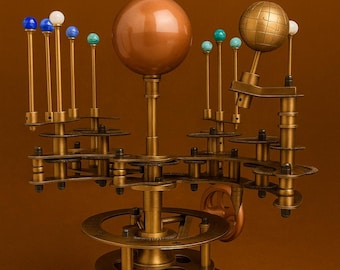 Puede incluir: Un detallado modelo de orrería del sistema solar, hecho de latón y madera. El modelo presenta un sol de color cobre, planetas con esferas de colores y un globo terráqueo. La orrería se asienta sobre una base de madera con engranajes y detalles intrincados.
