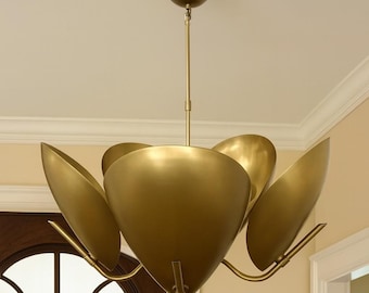 1950s Italian Brass Chandelier – Mid-Century Modern Petal Pendant Light, Vintage Italy Ceiling Lamp, Large