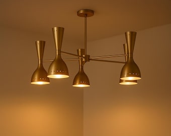 Mid-Century Modern Brass 5-Light Chandelier – Italian Cone Shade Ceiling Lamp, Vintage Style Pendant Lighting