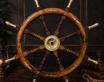 36 inch nautisch scheepswiel, palissander messing stuur, piratendecor, kustmuurkunst