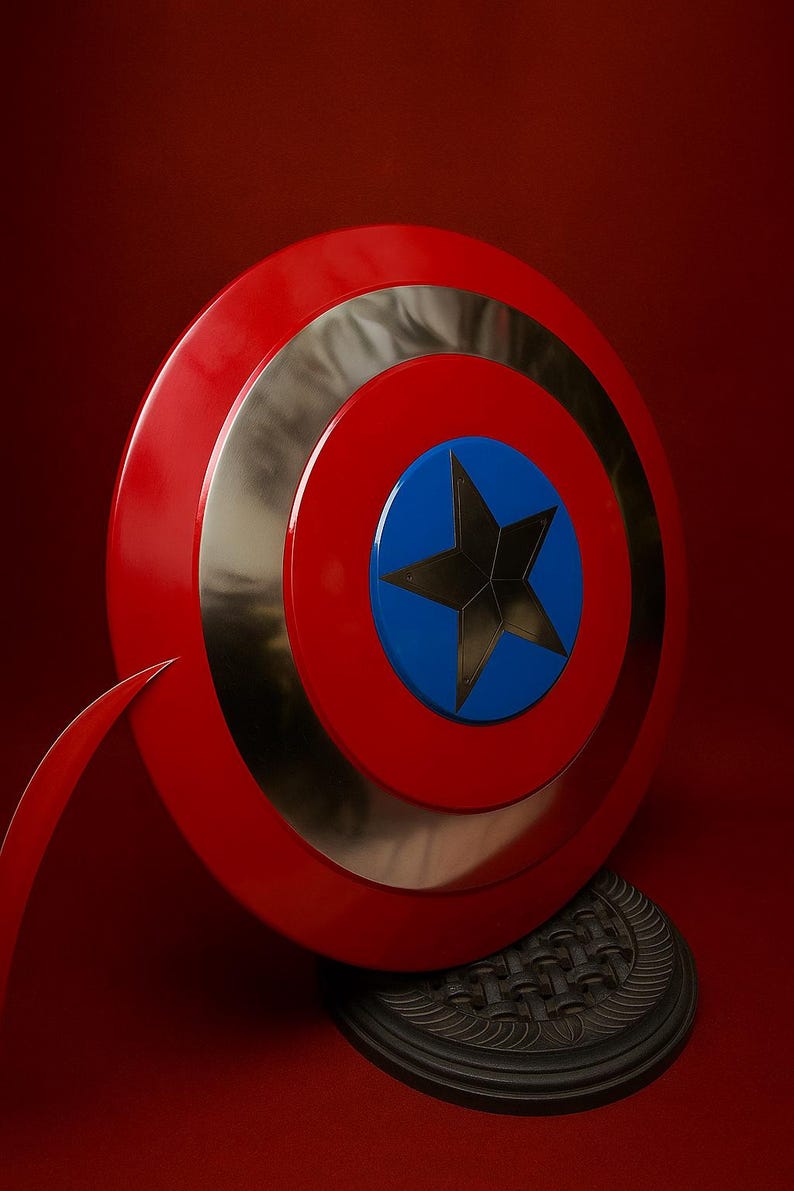 May include: A red, silver, and blue shield with a black star in the center. The shield is round with a red outer ring, a silver middle ring, and a blue center. The shield is displayed on a black stand.