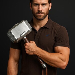 May include: A silver and gray hammer with a brown handle and leather strap. The hammer is held in the hand of a person wearing a brown polo shirt. The background is black.