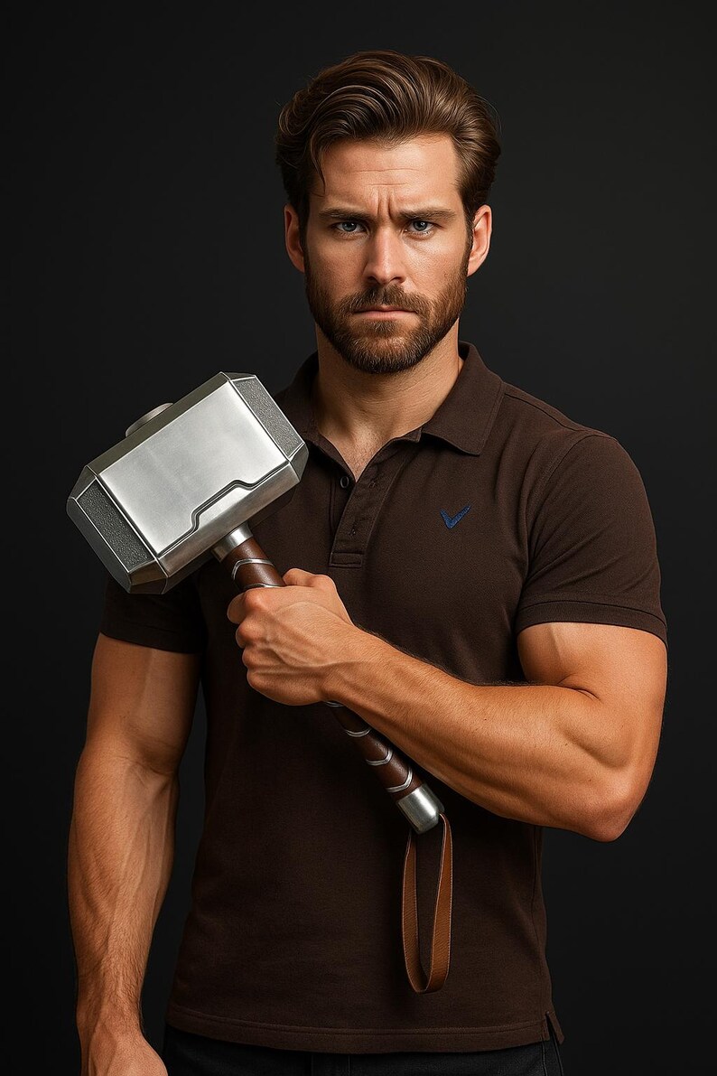 May include: A silver and gray hammer with a brown handle and leather strap. The hammer is held in the hand of a person wearing a brown polo shirt. The background is black.