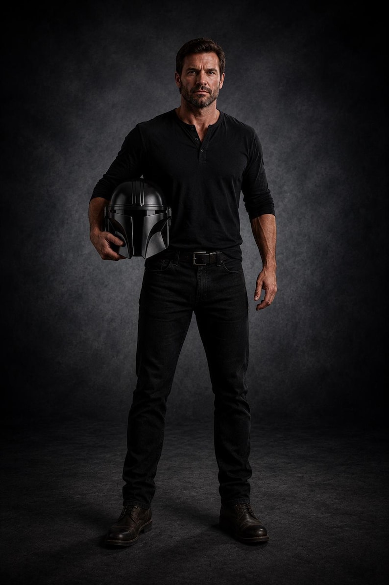 Puede incluir: Una persona con una camisa negra de manga larga y vaqueros negros sostiene un casco negro. El casco tiene un dise&ntilde;o angular distintivo. La persona lleva botas de cuero marrones. El fondo es gris oscuro.
