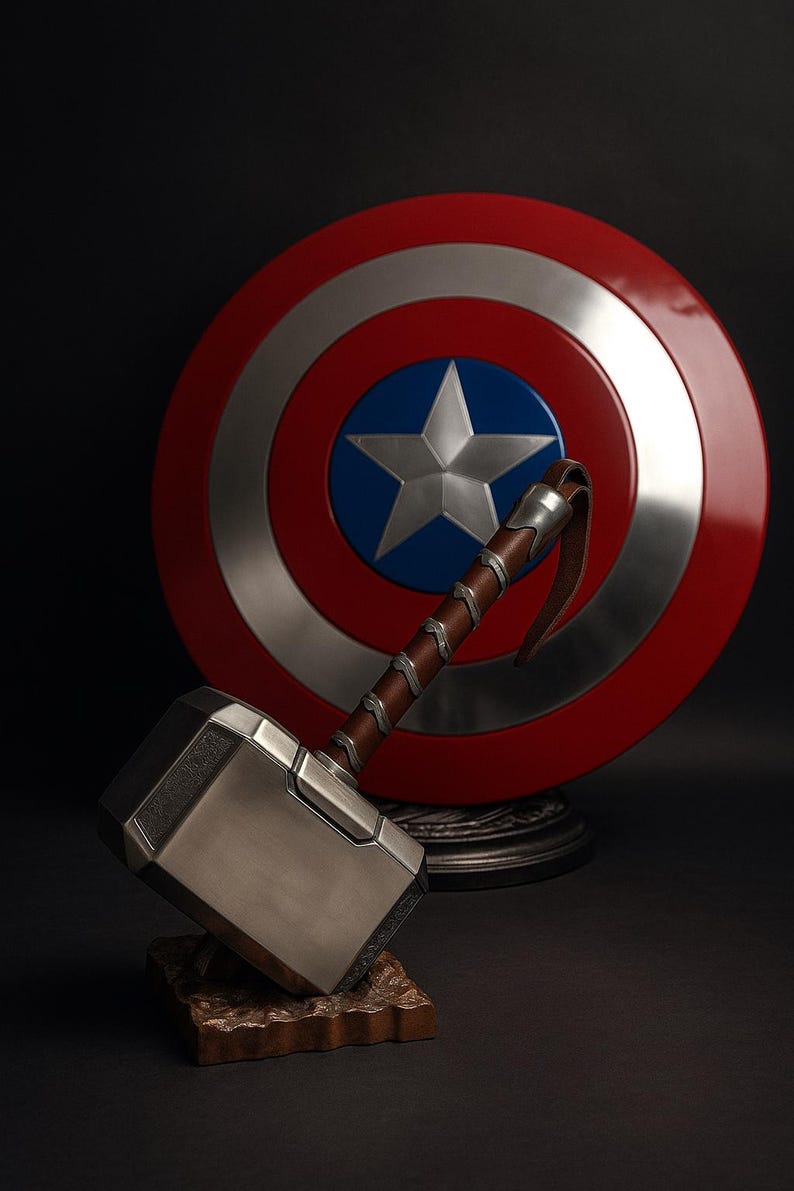 May include: A silver and brown hammer with a leather strap handle rests on a wooden base, in front of a red, white, and blue shield with a star emblem. The items are displayed against a dark background.