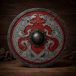May include: A circular, red wooden shield with a silver Viking design. The shield has a central boss and a metal rim with rivets. The artwork shows two symmetrical dragon-like creatures.