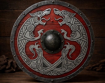 Viking Wolf Shield Wall Decor, 24 Inch Wooden Norse Warrior Round Shield