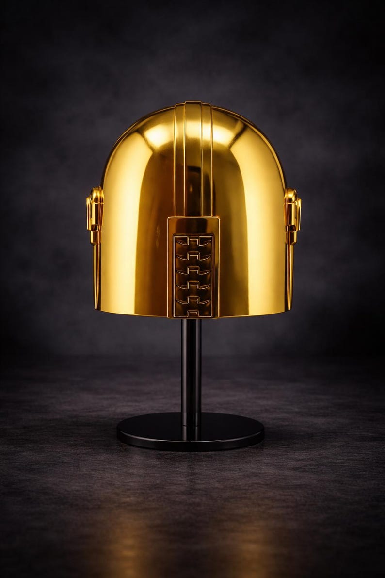 May include: A gold-colored helmet with a glossy finish, displayed on a black stand. The helmet has vertical lines on top and a rectangular panel with a series of horizontal bars. The stand has a circular base.