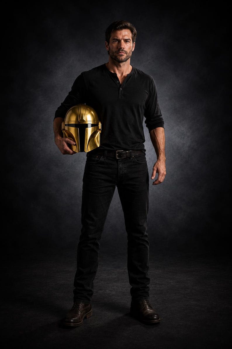 May include: A full-length shot of a person holding a gold-colored Mandalorian helmet. The person is wearing a black long-sleeve shirt, black jeans, and brown boots. The background is a dark gray.