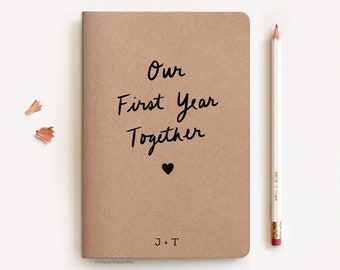 Our First Year Together Paper Anniversary Gift Set, 5.5 x 8.3 inch Notebook & Pencil, A5 Screen Printed Personalized Eco Friendly Journal