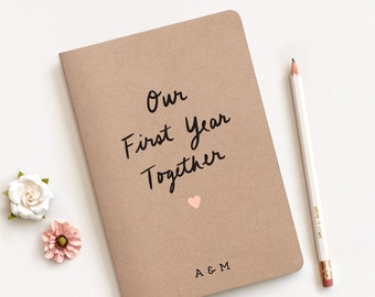 Our First Year Together Scrapbook Journal & Pencil, 5.5 x 8.3 in. Handprinted Personalized Paper Anniversary Gift Set, A5 Notebook