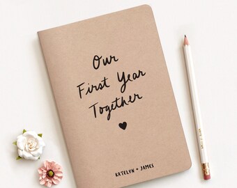 Our First Year Together Scrapbook Journal, 5.5 x 8.3 in. Personalized Paper Anniversary Gift Set, A5 Handprinted Notebook & Pencil