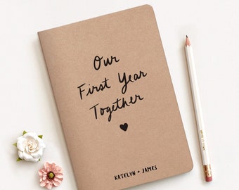 Our First Year Together Journal, 5.5 x 8.3 in. Paper Anniversary Gift Set A5 Handprinted Notebook & Pencil, Personalized EcoFriendly Journal