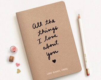 Mothers Day Gift, 5.5 x 8.3 in. Handprinted All the Things I Love About You Notebook & Pencil Set, A5 Size Eco-Friendly Personalized Journal