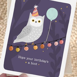 Owl Birthday Card, Punny Fall Halloween Birthday Card - Hope Your Birthdays a Hoot, Night Sky Party String Lights Recycled