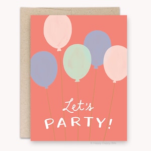 Let&#39;s Party Birthday Cards / Invitations, Illustrated Balloons Birthday Cards, Funny Cards, Cute Celebration Card Recycled