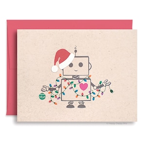 Funny Christmas Card, Cute Robot Santa Kawaii Holiday Card with Festive Lights, Layered Hat Brown Recycled Card HD005