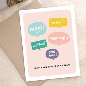 Mother's Day Gift Handmade, Blush Pink Mothers Day Card Funny Speech Bubbles, Thanks for Always Being There image 3