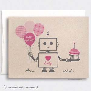 Personalized Birthday Card, Robot - Pink, Brown, Happy Birthday, Kawaii, Recycled - Assorted Colors