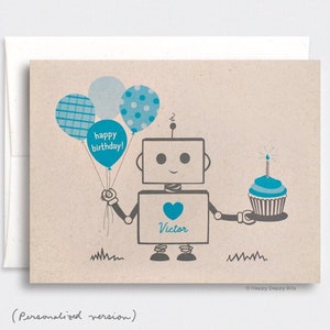 Personalized Birthday Card, for Him, Boys - Blue Robot, Happy Birthday Card, Eco-friendly Card