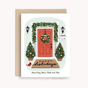 Personalized Holiday Card Set or Single, Recycled Eco Friendly Festive Doorway Cardinal Christmas Card, Illustrated Peace Joy Card