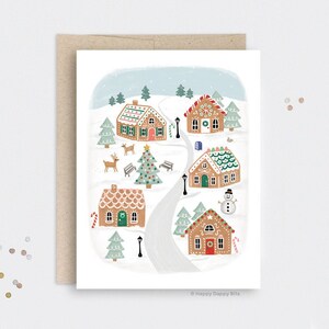 Personalized Gingerbread Christmas Cards Set or Single, Illustrated Gingerbread Village Decor, Handmade Recycled Holiday Card Sets