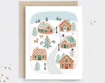 Personalized Gingerbread Christmas Cards Set or Single, Illustrated Gingerbread Village Decor, Handmade Recycled Holiday Card Sets