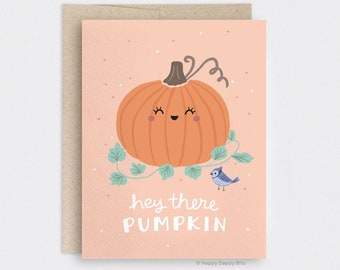 Hey Pumpkin Card, Cute Fall Hello Card, Hey There Pumpkin Card, Illustrated Autumn Card, Cute Fall Love Card