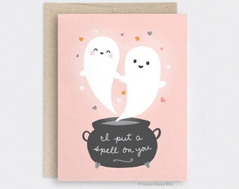 Halloween Card, I Put a Spell on You, Ghost Halloween Love Card, Valentines Day Card, Cauldron Hocus Pocus Card, Recycled Card