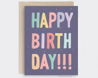 Happy Birthday Card for Her, Lettering Block Letters Colorful Illustrated Birthday Card, Cute Recycled Card