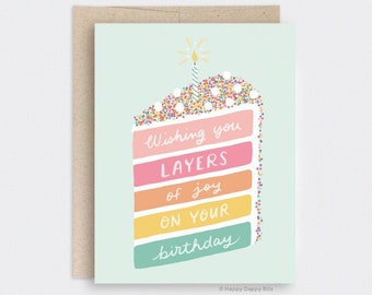 Rainbow Cake Birthday Card, Cute Illustrated Layer Cake, Recycled Happy Birthday Food Pun Card - Wishing You Layers of Joy