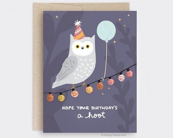 Owl Birthday Card, Punny Fall Halloween Birthday Card - Hope Your Birthdays a Hoot, Night Sky Party String Lights Recycled