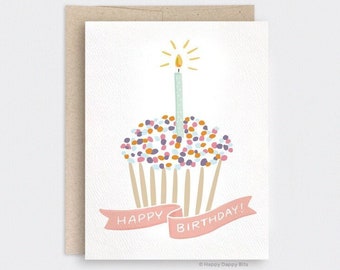 Cupcake Birthday Card for Her, Illustrated Happy Birthday Card Best Friend, Banner Birthday Card, Recycled Card