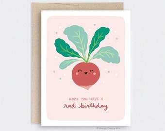 Mignonne carte d'anniversaire Punny - carte illustrée de jeu de mots alimentaire radis joyeux anniversaire - j'espère que vous avez un anniversaire Rad - carte de légumes kawaii, recyclé