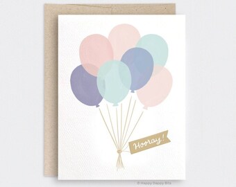 Illustrated Hooray Card, Congrats Card, Recycled Graduation Card, Balloons Birthday Card for Her, Cute Birthday Card