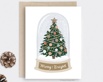 Tree Snow Globe Holiday Card, Illustrated Christmas Card, Recycled Holiday Card, Merry and Bright Card