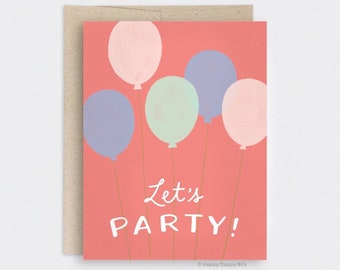 Let's Party Birthday Cards / Invitations, Illustrated Balloons Birthday Cards, Funny Cards, Cute Celebration Card Recycled