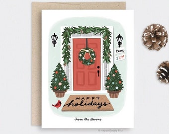 Personalized Holiday Card Set or Single, Recycled Eco Friendly Festive Doorway Cardinal Christmas Card, Illustrated Peace Joy Card