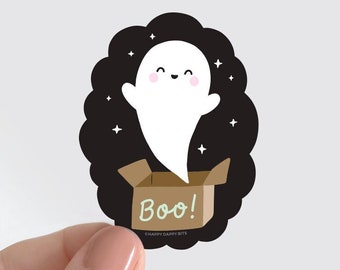 Cute Ghost Sticker, Halloween Ghost Boo Cardboard Box Galaxy Vinyl Sticker, Waterproof Eco Friendly Sticker, PVC-Free Soft Matte